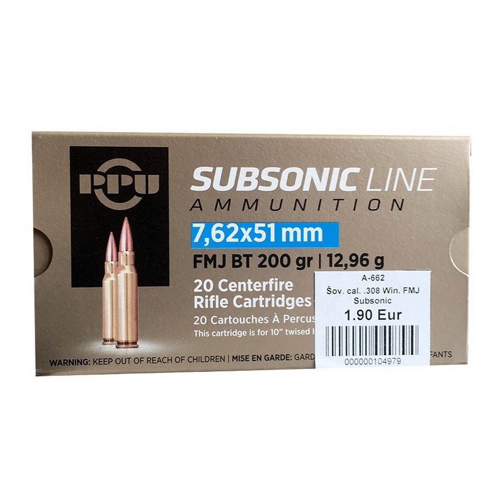 Šoviniai PPU: .308 Win. (7,62x51 mm) Subsonic 12,96 g FMJ